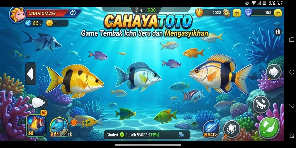 Tampilan gameplay seru di CAHAYATOTO dengan berbagai ikan berwarna-warni.