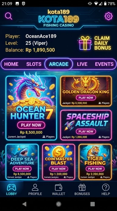 Tampilan utama aplikasi kota189 dengan menu yang intuitif.